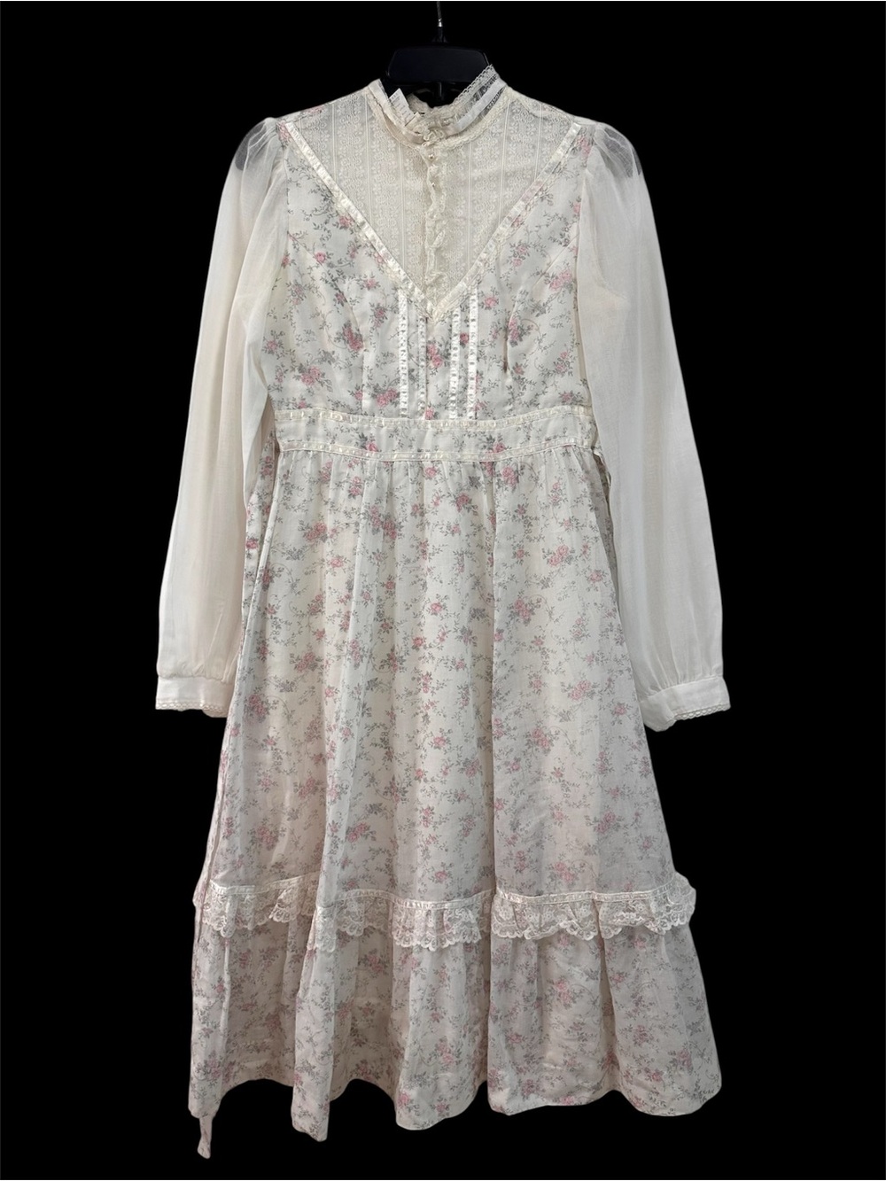 VTG Gunne Sax Cottagecore Floral Romantic Lace Trim Prairie Sheer Sleeves Dress - Picture 5 of 16
